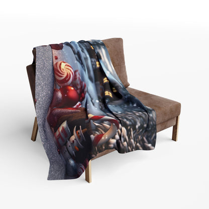 Charming display of the Decorative and Warm Christmas Arctic Fleece Blanket on a contemporary sofa, adorned with delightful holiday ornaments and a snowy backdrop.