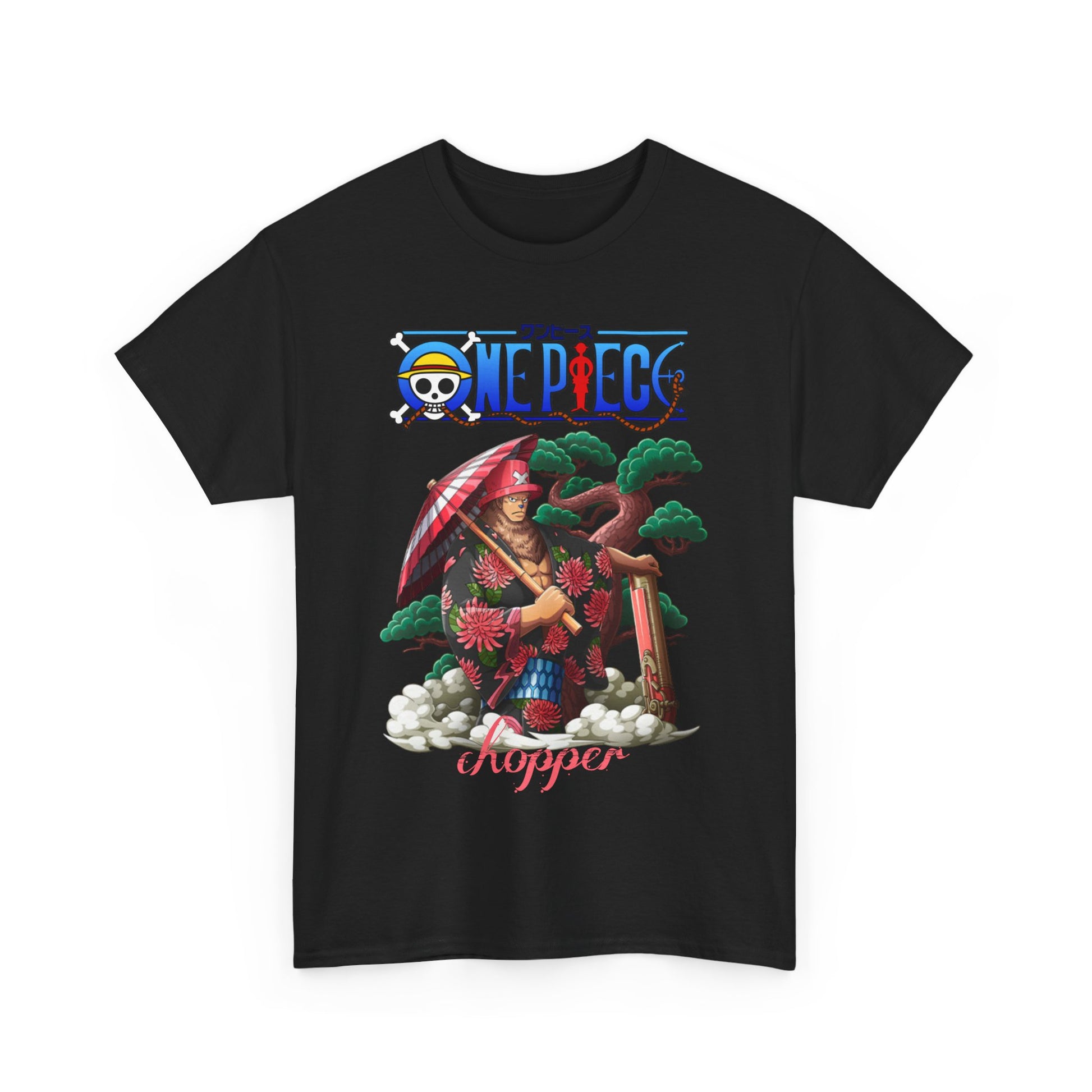Premium quality black t-shirt featuring an artistic rendition of Chopper from One Piece, complete with an eye-catching red umbrella, intricate floral elements, perfect for anime enthusiasts.