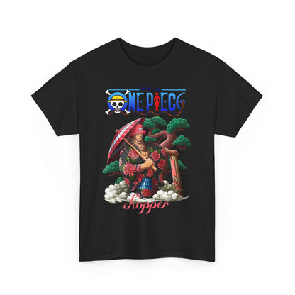 Premium quality black t-shirt featuring an artistic rendition of Chopper from One Piece, complete with an eye-catching red umbrella, intricate floral elements, perfect for anime enthusiasts.