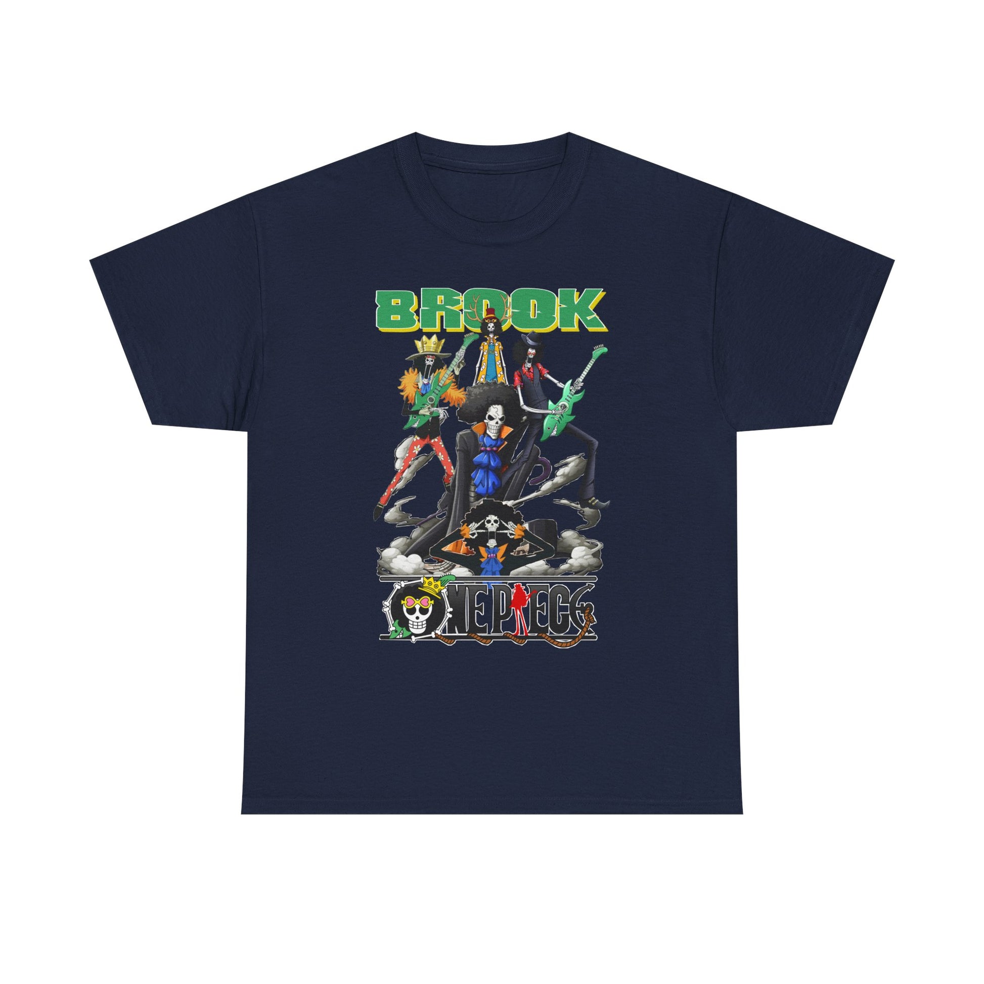 Luxury Rock Your Adventure men's t-shirt featuring vibrant graphic design of anime characters, showcasing Brook and crew in dynamic poses.