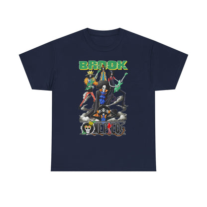 Luxury Rock Your Adventure men's t-shirt featuring vibrant graphic design of anime characters, showcasing Brook and crew in dynamic poses.