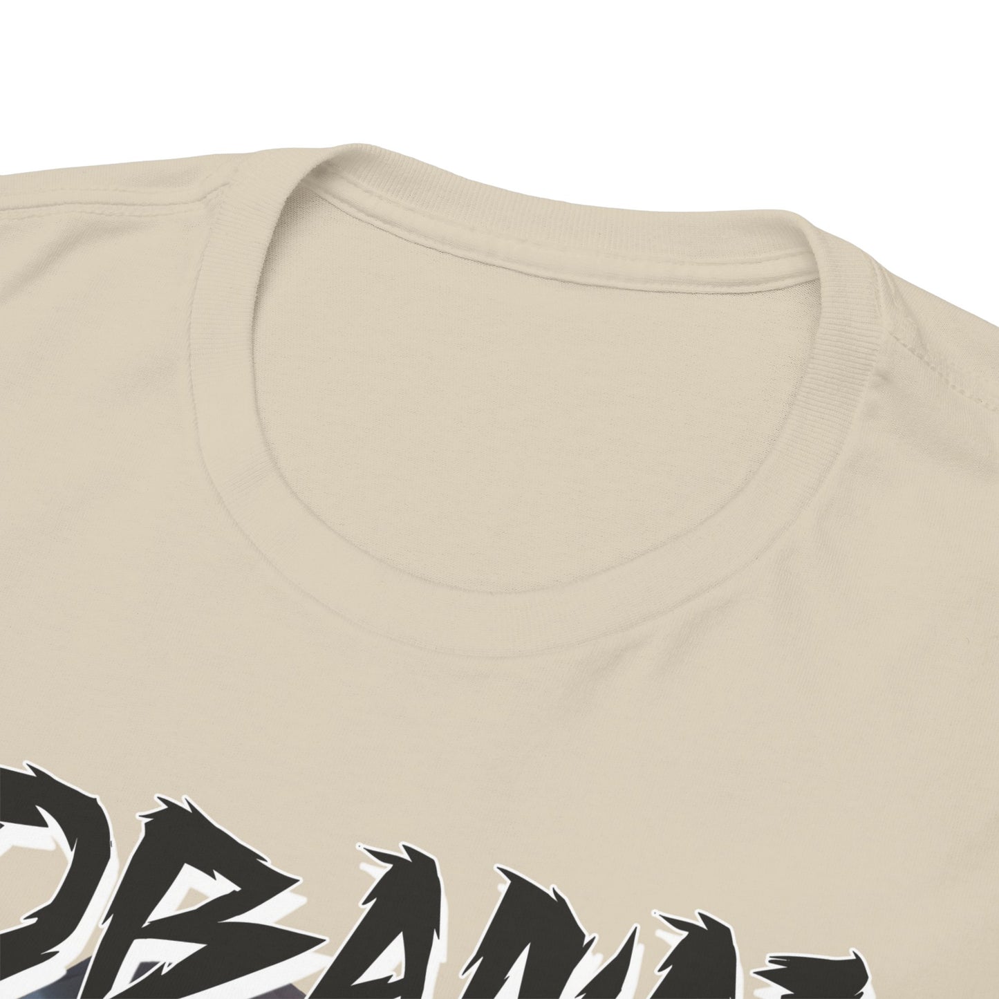 Close-up view of the luxurious neckline and fabric of a beige T-shirt featuring the striking design of Obanai Iguro, perfect for discerning anime collectors.