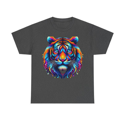 Tiger's Whimsy Graphic Tee - Unisex T-shirt displaying a colourful, artistic representation of a tiger's face in vibrant shades on a charcoal grey fabric, ideal for stylish sophistication.