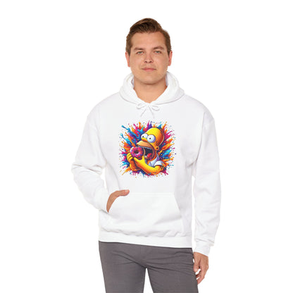 Stylish unisex Urban Homer’s Hungry Delight Graphic Lightweight Hooded Sweatshirt presenting a vibrant Homer Simpson graphic, ideal for embracing a luxurious yet fun aesthetic.