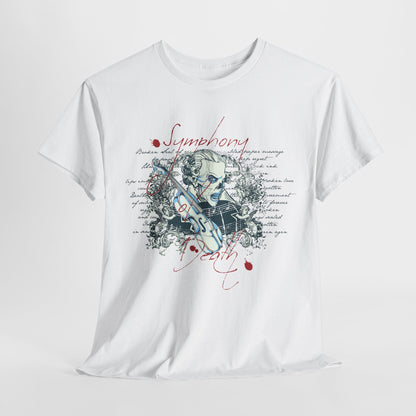 Melodic Macabre Skull T-Shirt featuring an intricate design with ornate floral scrolls, violin, and dramatic text elements, presented in a sophisticated white fabric, perfect for artistic fashion enthusiasts.
