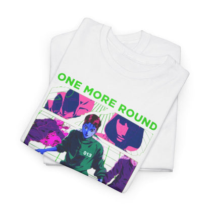 Premium Squid Game graphic t-shirt featuring a striking design with the phrase 'ONE MORE ROUND', displayed on folded white tees, perfect for fashion-forward enthusiasts.