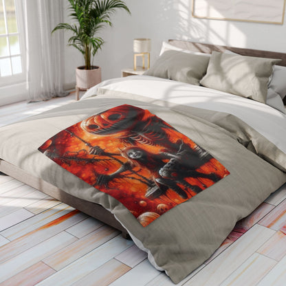 Delicate display of the Decorative and Warm Halloween Spooky Arctic Fleece Blanket on a stylish bed, featuring vivid Halloween artwork amidst sophisticated bedding.