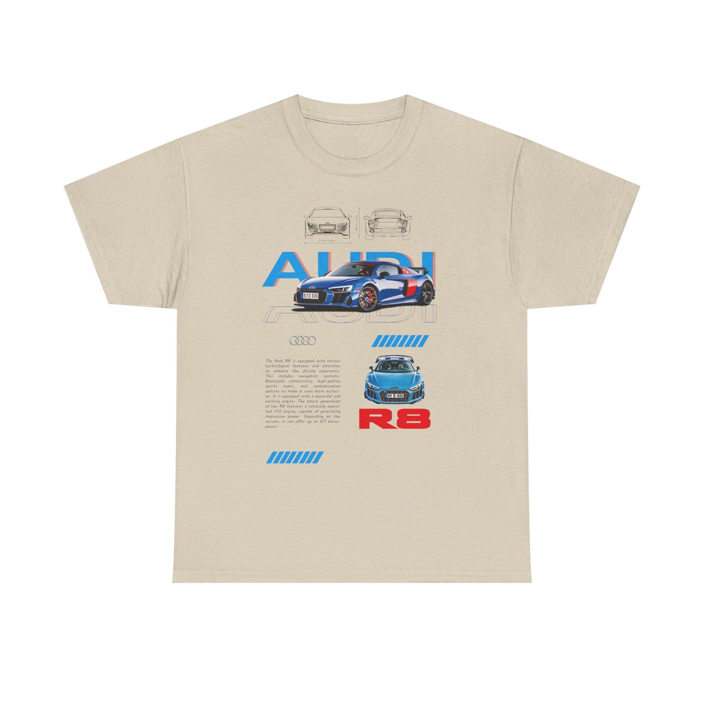 Audi R8 Men's T-Shirt in beige featuring a dynamic graphic design showcasing the iconic Audi R8 car, ideal for automotive enthusiasts seeking comfort and style.