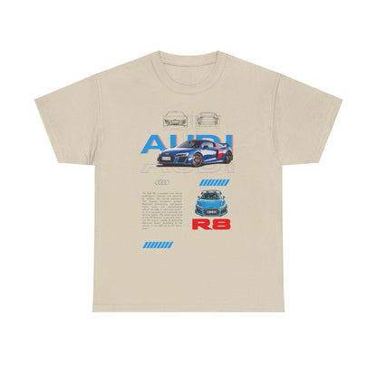 Audi R8 Men's T-Shirt in beige featuring a dynamic graphic design showcasing the iconic Audi R8 car, ideal for automotive enthusiasts seeking comfort and style.