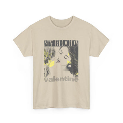 Chic front view of a beige t-shirt featuring an eye-catching graphic design titled 'MY BLOODY VALENTINE', combining artistic flair with modern fashion.
