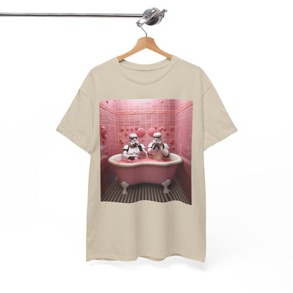 Elegant men's t-shirt draped on a hanger, adorned with a charming depiction of Stormtroopers in a pink bathtub, conveying a modern yet quirky essence.