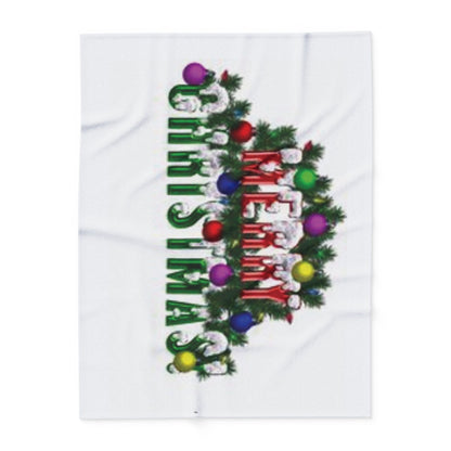 Chic Decorative and Warm Christmas Arctic Fleece Blanket illustrating a cheerful 'Merry Christmas!' message surrounded by rich green foliage and colourful ornaments, ideal for a luxurious festive atmosphere.