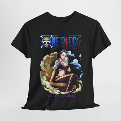 Luxurious black men's t-shirt featuring a striking design of Nico Robin from One Piece, showcasing vibrant colours and intricate details, perfect for anime enthusiasts seeking style and comfort.