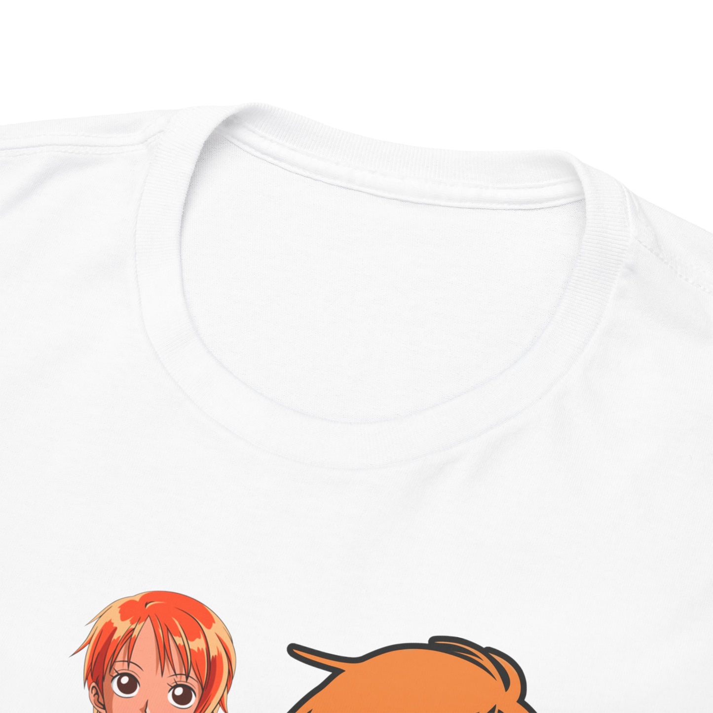 Detailed close-up shot of the luxurious collar on a men's t-shirt, elegantly featuring Nami anime art from One Piece, highlighting superb fabric quality.