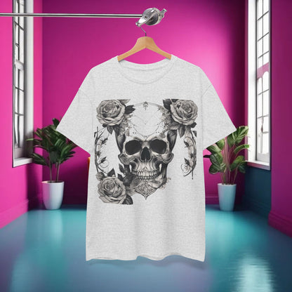 Skulls and Roses Cotton Tee displayed in a vibrant interior, featuring a striking steampunk graphic design of skulls and roses, exemplifying luxury alternative fashion.