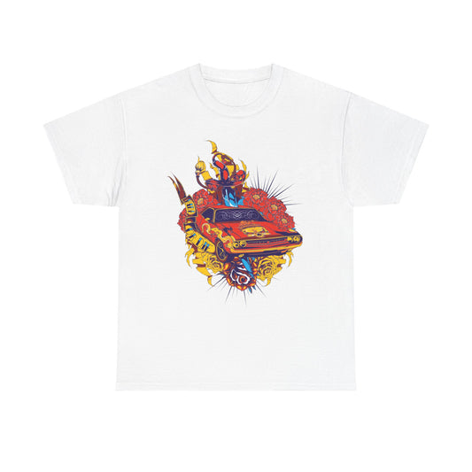Luxurious white t-shirt featuring an intricate tattoo-style graphic design of a vibrant red muscle car adorned with floral accents and a rebellious skull, perfect for automotive enthusiasts and fashion-forward individuals.