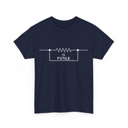 Luxurious navy unisex graphic tee shirt featuring the text 'IS FUTILE' with resistor design, embracing the refined Borg-inspired theme from Star Trek.