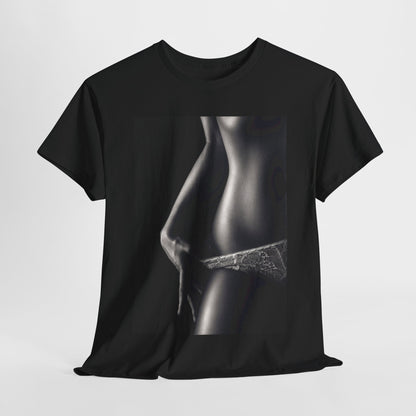 Luxury black graphic t-shirt featuring an elegant grayscale design of a woman's silhouette in lacy lingerie, perfect for making a stylish statement.