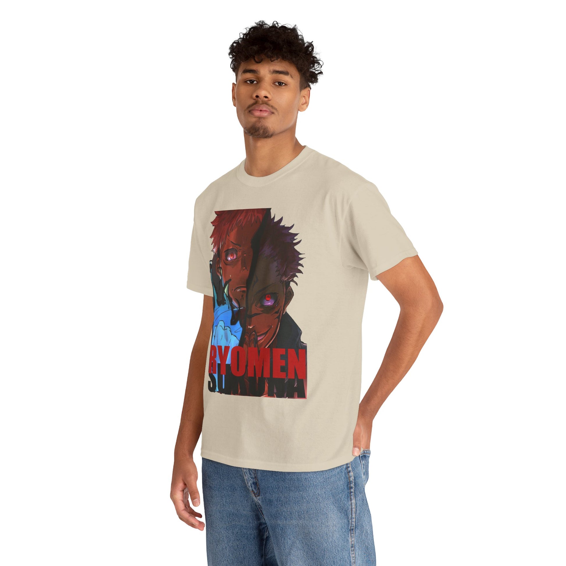 Elevate your style with this luxurious Ryomen Sukuna anime graphic t-shirt, featuring striking artwork of two dynamic characters, showcased on a model against a neutral background.