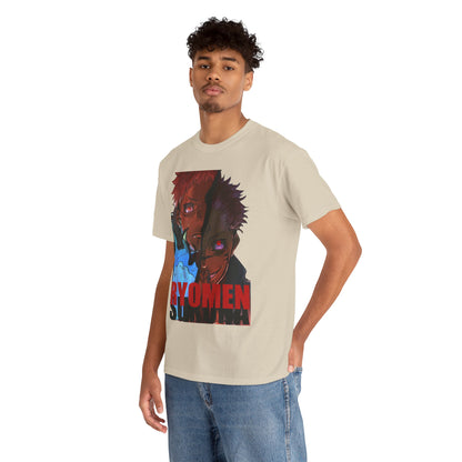 Elevate your style with this luxurious Ryomen Sukuna anime graphic t-shirt, featuring striking artwork of two dynamic characters, showcased on a model against a neutral background.