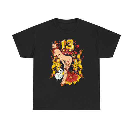 Bold Gold 13 Cartoon Inspired Men's T-Shirt by Dazzling Dreams featuring a lively cartoon design of a confident woman striking a playful pose.