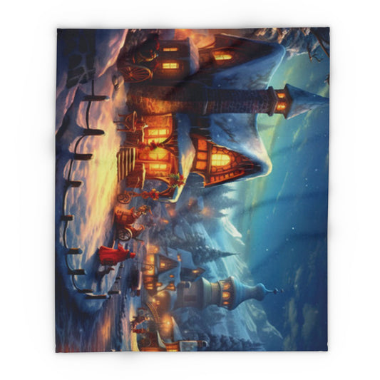Exquisite Decorative and Warm Christmas Arctic Fleece Blanket featuring a beautifully detailed winter landscape with snow-covered cottages, ideal for adding elegance to holiday gatherings.