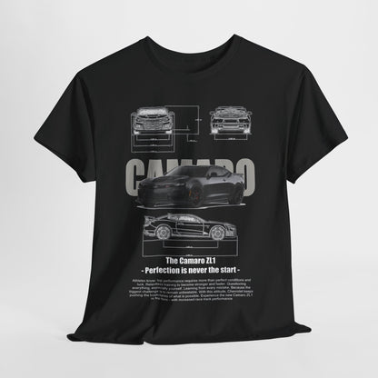 Stylish T-Shirt displaying the Chevy Camaro ZL1 graphic, including detailed technical drawings and the phrase 'Perfection is never the start.' A statement piece for car lovers.