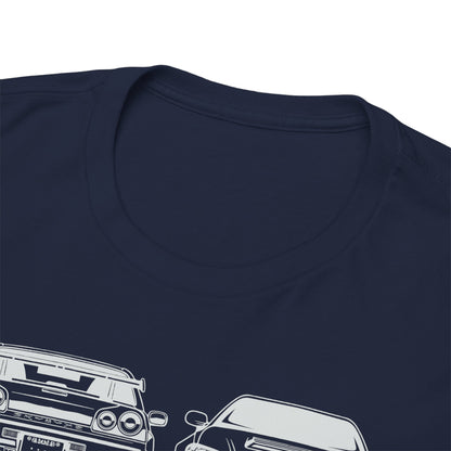 Luxury navy blue T-shirt featuring stylish Nissan Skyline GT-R artwork, showcasing detailed graphic design and premium quality fabric.
