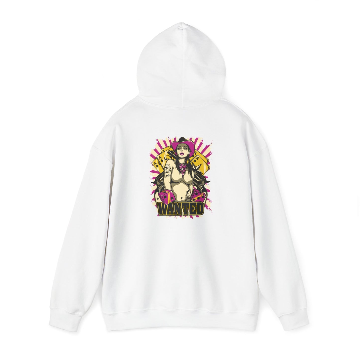 Stylish white hoodie showcasing a bold ‘WANTED’ graphic design on the back, depicting a confident rebel chick surrounded by vibrant colours and playful elements.