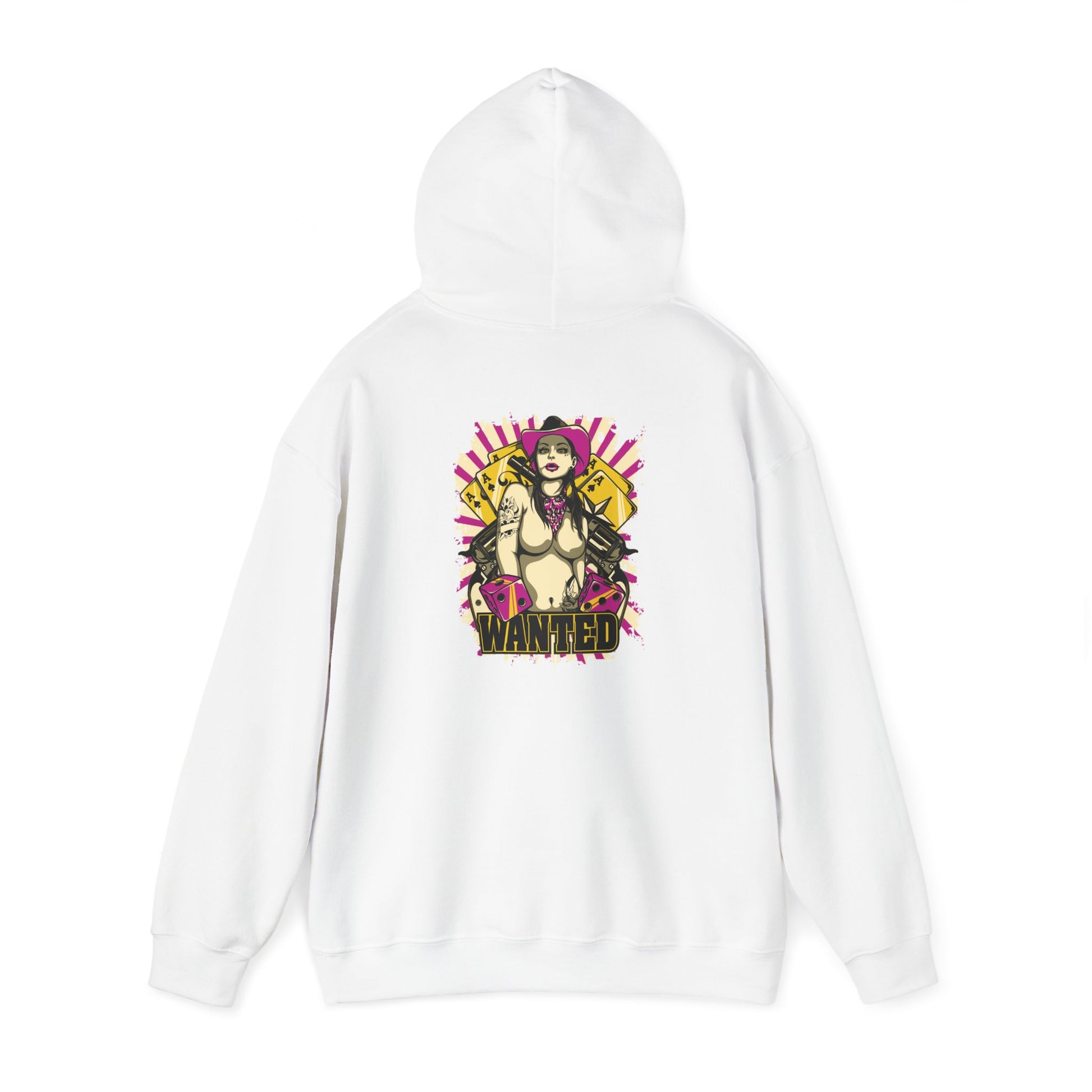 Stylish white hoodie showcasing a bold ‘WANTED’ graphic design on the back, depicting a confident rebel chick surrounded by vibrant colours and playful elements.