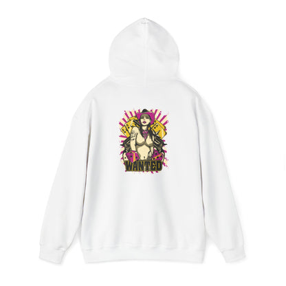Stylish white hoodie showcasing a bold ‘WANTED’ graphic design on the back, depicting a confident rebel chick surrounded by vibrant colours and playful elements.
