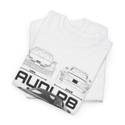 Folded white t-shirt showcasing a sophisticated Audi R8 blueprint design, highlighting iconic models from 1904 to 2020, ideal for stylish car fans.