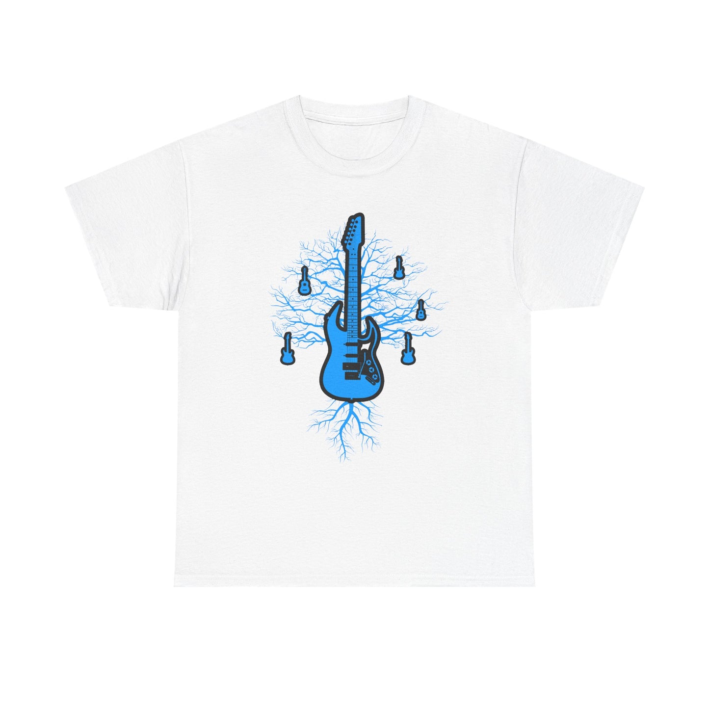 Stunning electric guitar shirt featuring intricate tree root designs in vibrant blue on a white background, perfect for music lovers and art enthusiasts.