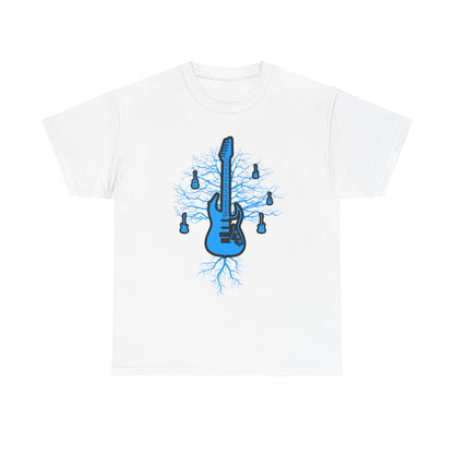 Stunning electric guitar shirt featuring intricate tree root designs in vibrant blue on a white background, perfect for music lovers and art enthusiasts.