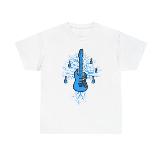 Stunning electric guitar shirt featuring intricate tree root designs in vibrant blue on a white background, perfect for music lovers and art enthusiasts.