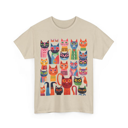 Purrfection Graphic T-Shirt Urban Unisex Cotton Tee showcasing a playful arrangement of colourful cat illustrations on a light background, perfect for feline enthusiasts.