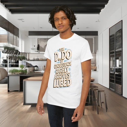Elegant model showcasing the Karma Funny Gift Graphic T-Shirt, featuring a whimsical quote about consequence, styled in a chic interior setting.