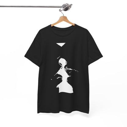 Unisex black graphic tee elegantly displayed on a hanger, presenting an intriguing black and white design of intertwined figures, perfect for art lovers.
