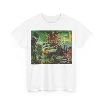 Front view of the Discworld Wyrd Sisters Graphic Unisex T-shirt Tee featuring a vivid illustration of Granny Weatherwax, Nanny Ogg, and Magrat Garlick in magical action.