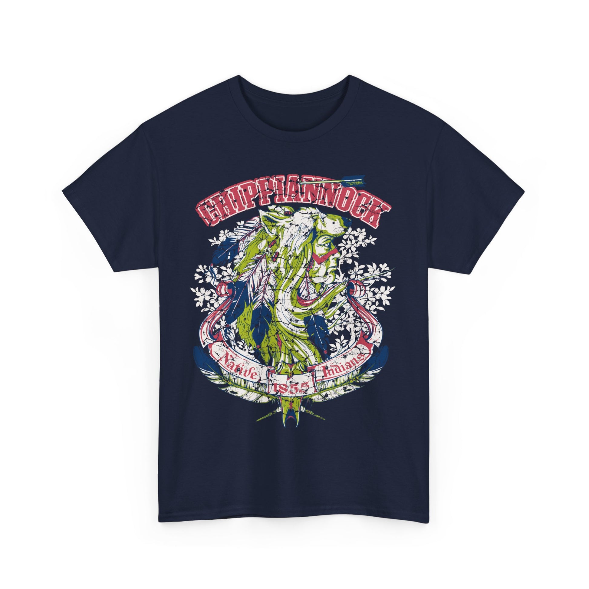 Stylish navy blue graphic t-shirt adorned with a vibrant Native American inspired artwork, illustrating rich cultural heritage and artistry.