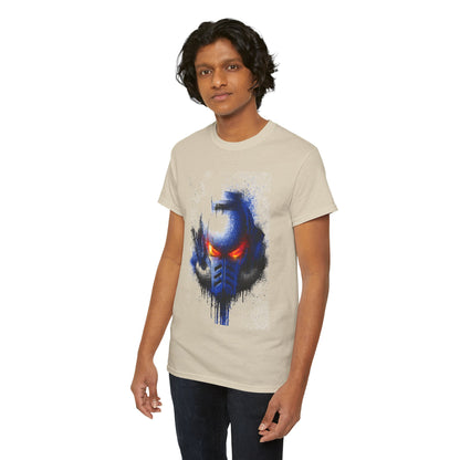 Sophisticated male model posing in a chic beige graphic t-shirt adorned with a captivating blue and black helmet print, exuding a modern artistic vibe, perfect for fashion-conscious enthusiasts.