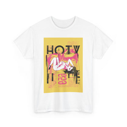 Stylish close-up of a white men's t-shirt featuring an artistic 'HOTY' graphic, rich in colour and detail, perfect for fashion-conscious individuals.