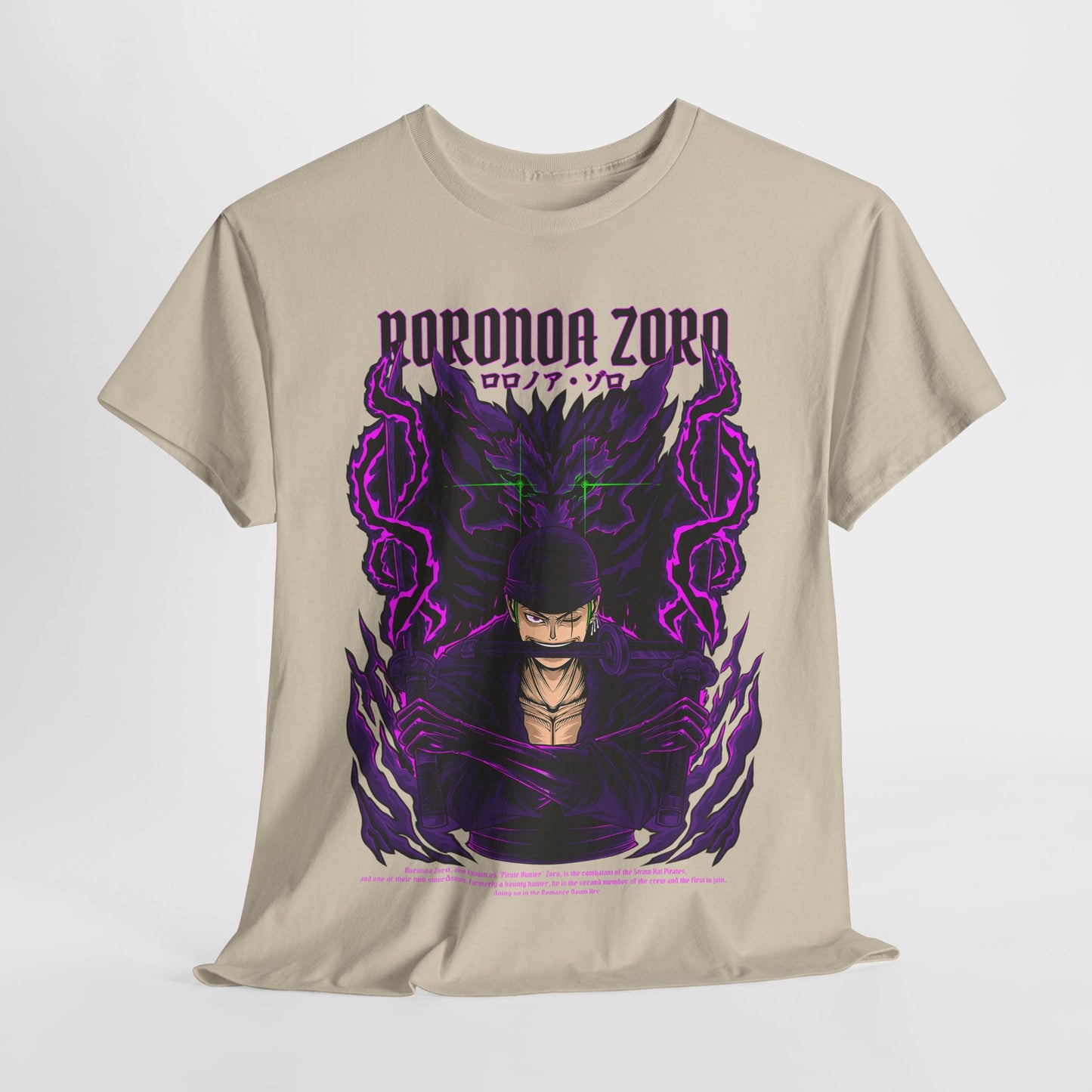 Elegant display of Roronoa Zoro graphic tee on a plain background, highlighting the dynamic artwork and premium quality fabric for luxurious comfort.