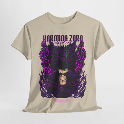 Elegant display of Roronoa Zoro graphic tee on a plain background, highlighting the dynamic artwork and premium quality fabric for luxurious comfort.