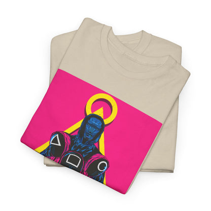 Luxurious Squid Game Unisex Men’s Women’s Graphic Cotton Funny T-Shirt with bold pink and blue design, perfect for street and urban wear.