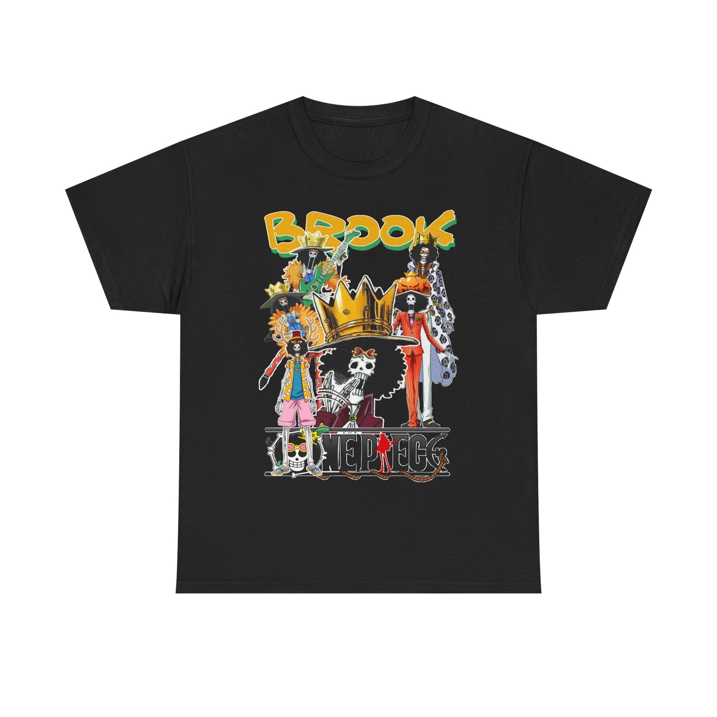 Elegant black t-shirt displaying a striking design of Brook characters from the popular anime, featuring a harmonious blend of intricate illustrations and vivid colours, ideal for fans seeking exceptional anime apparel.