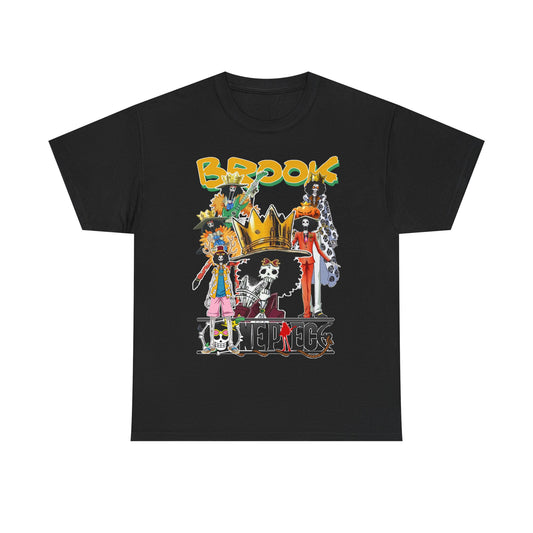 Elegant black t-shirt displaying a striking design of Brook characters from the popular anime, featuring a harmonious blend of intricate illustrations and vivid colours, ideal for fans seeking exceptional anime apparel.