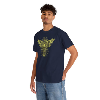 Stylish male model showcasing a dark olive-brown luxury t-shirt with an ornate cross and golden wings design, ideal for making a bold fashion statement.