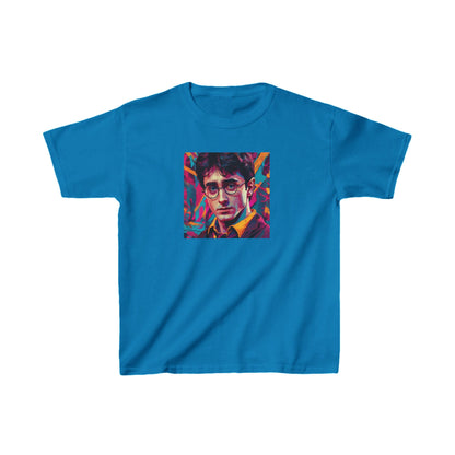 Kids Harry Potter Heavy Cotton Tee in bright blue, showcasing a captivating graphical design, tailored for young fans of magic.