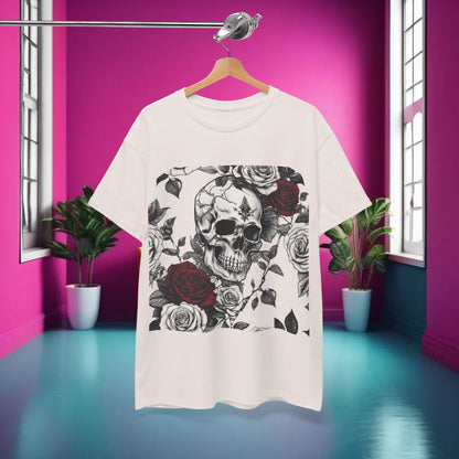 The Skulls and Roses Cotton Tee elegantly displayed on a hanger in a modern setting, emphasizing its unique design and versatility.